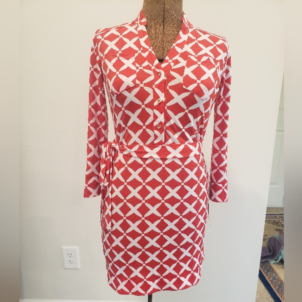JM Collection Red and White Geometric Dress
